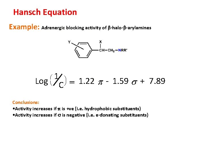 Hansch Equation Example: Adrenergic blocking activity of b-halo-b-arylamines 1 ö Log C ø =