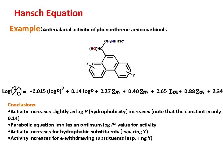 Hansch Equation Example: Antimalarial activity of phenanthrene aminocarbinols 1 Log æè C öø =