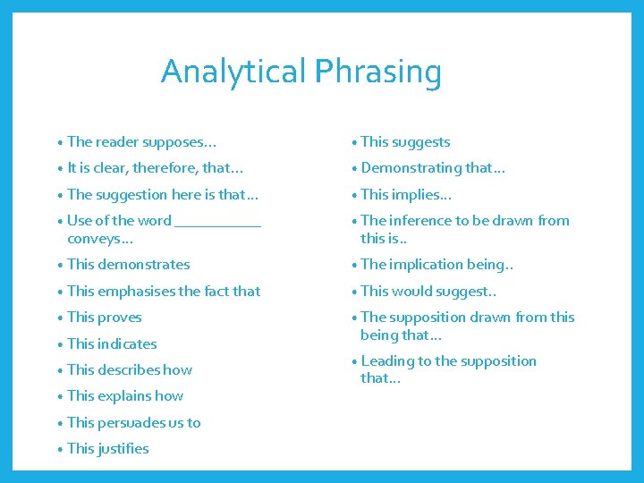 Analytical Phrasing • The reader supposes. . . • This suggests • It is Analytical Phrasing • The reader supposes. . . • This suggests • It is
