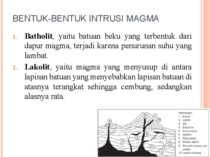 BENTUK-BENTUK INTRUSI MAGMA 1. 2. Batholit, yaitu batuan beku yang terbentuk dari dapur magma,