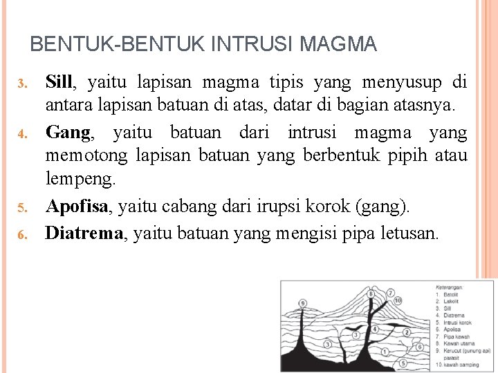 BENTUK-BENTUK INTRUSI MAGMA 3. 4. 5. 6. Sill, yaitu lapisan magma tipis yang menyusup BENTUK-BENTUK INTRUSI MAGMA 3. 4. 5. 6. Sill, yaitu lapisan magma tipis yang menyusup