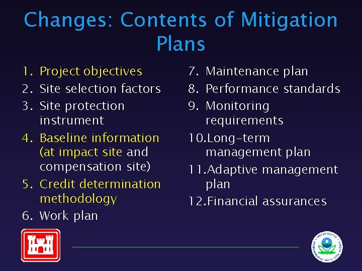 Changes: Contents of Mitigation Plans 1. Project objectives 2. Site selection factors 3. Site