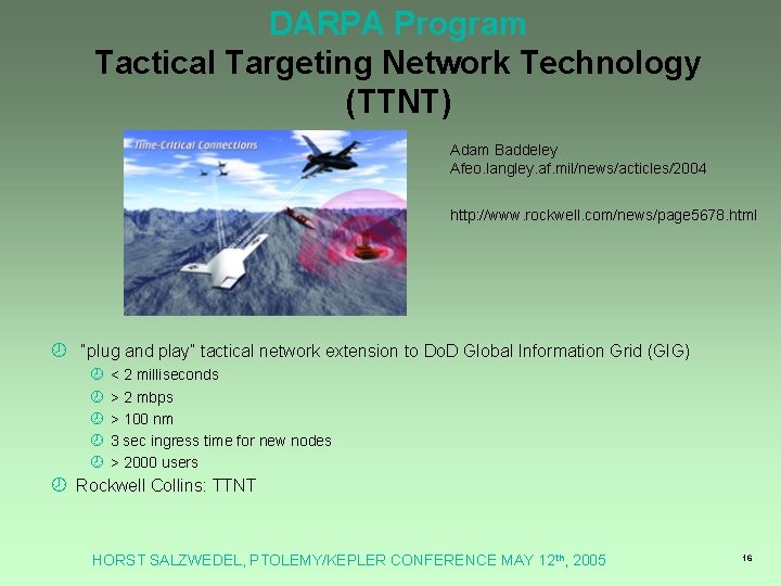 DARPA Program Tactical Targeting Network Technology (TTNT) Adam Baddeley Afeo. langley. af. mil/news/acticles/2004 http: DARPA Program Tactical Targeting Network Technology (TTNT) Adam Baddeley Afeo. langley. af. mil/news/acticles/2004 http: