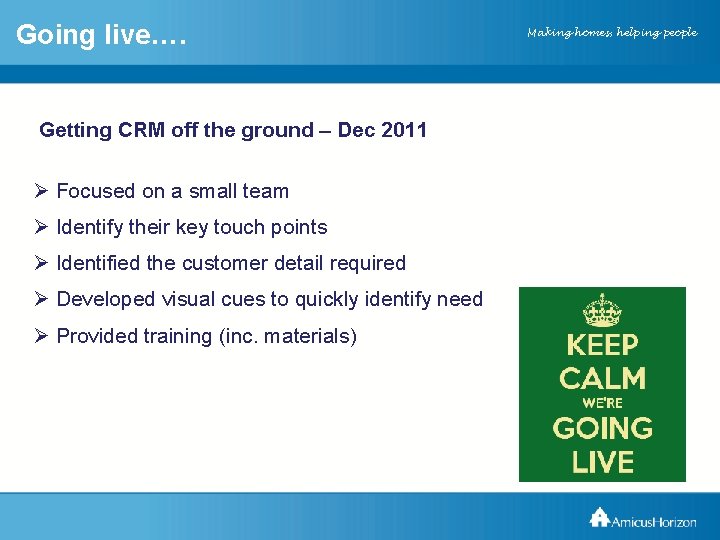 Going live…. Amicus. Horizon XXXXX Getting CRM off the ground – Dec 2011 Ø