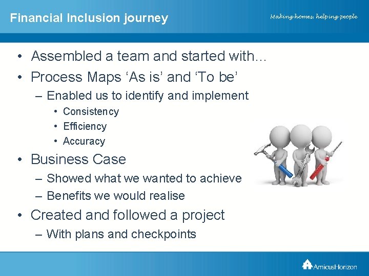 Financial Inclusion journey Amicus. Horizon XXXXX • Assembled a team and started with… •