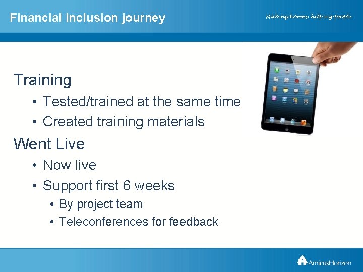 Financial Inclusion journey Amicus. Horizon XXXXX Training • Tested/trained at the same time •