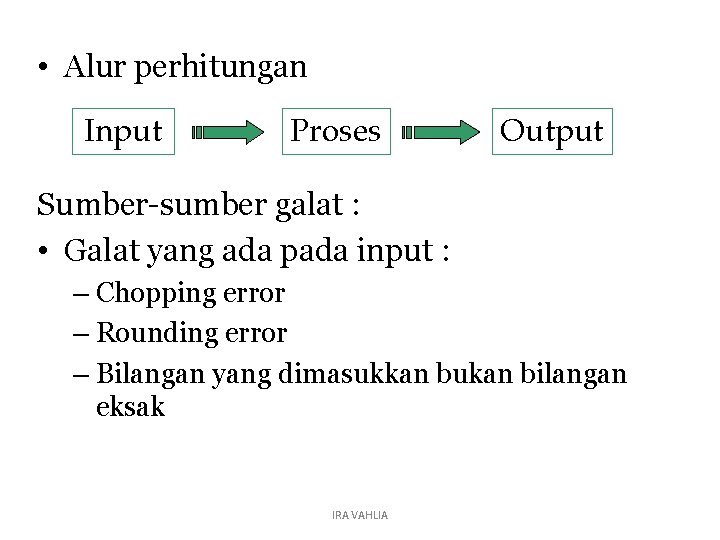  • Alur perhitungan Input Proses Output Sumber-sumber galat : • Galat yang ada