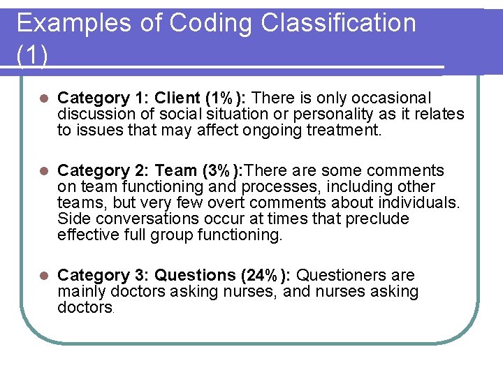 Examples of Coding Classification (1) l Category 1: Client (1%): There is only occasional
