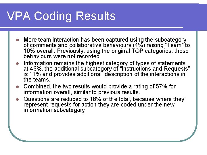 VPA Coding Results More team interaction has been captured using the subcategory of comments