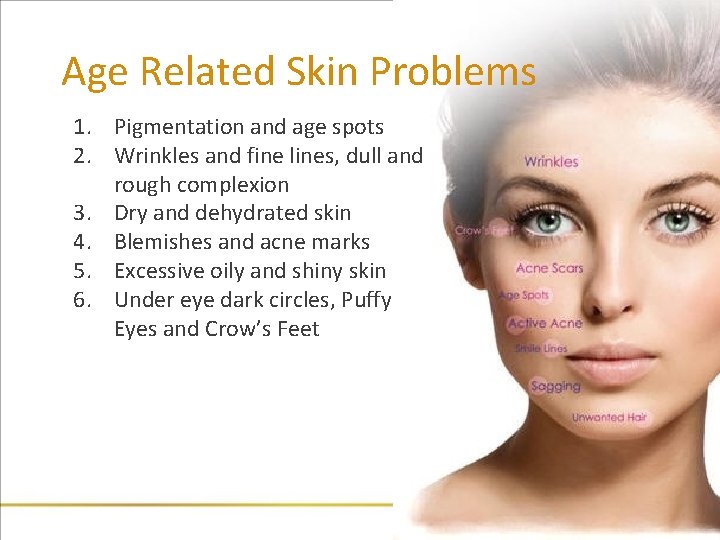 Age Related Skin Problems 1. Pigmentation and age spots 2. Wrinkles and fine lines,