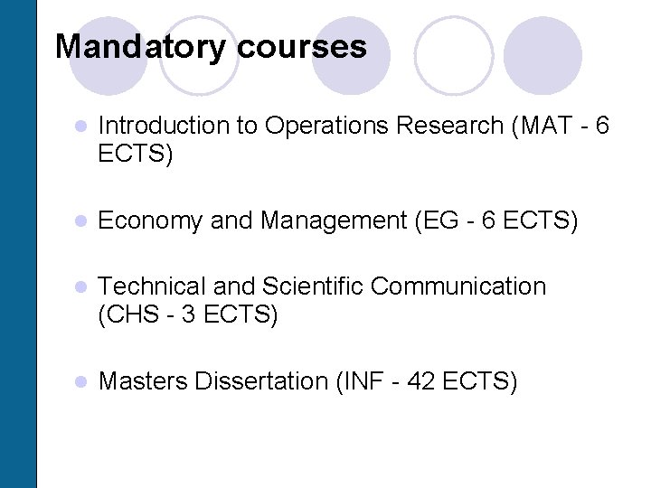 Mandatory courses l Introduction to Operations Research (MAT - 6 ECTS) l Economy and