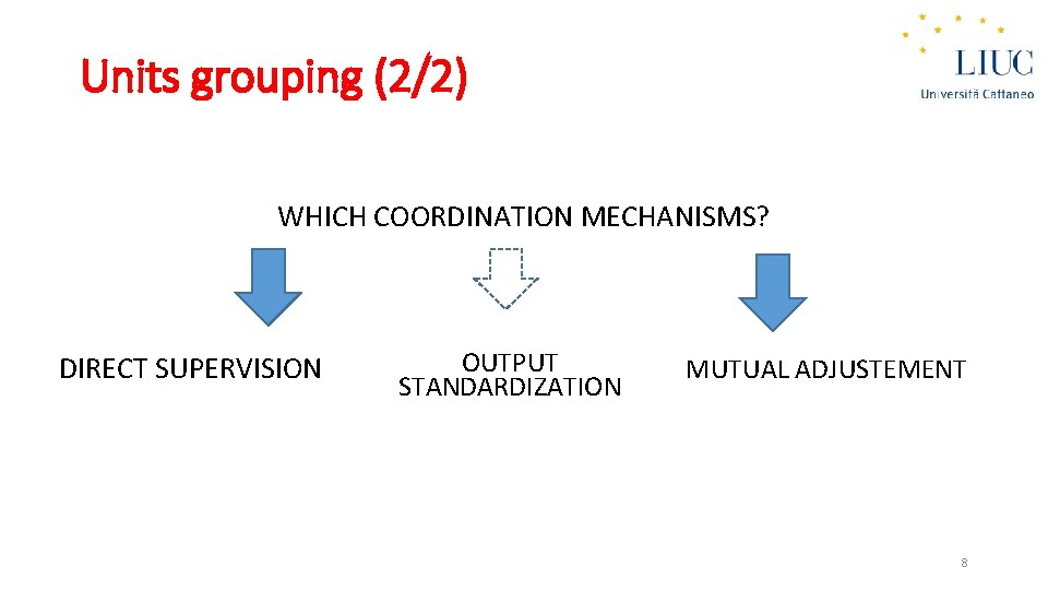 Units grouping (2/2) WHICH COORDINATION MECHANISMS? DIRECT SUPERVISION OUTPUT STANDARDIZATION MUTUAL ADJUSTEMENT 8 
