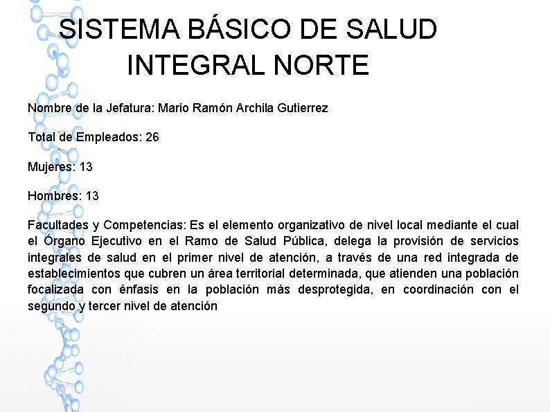 SISTEMA BÁSICO DE SALUD INTEGRAL NORTE Nombre de la Jefatura: Mario Ramón Archila Gutierrez