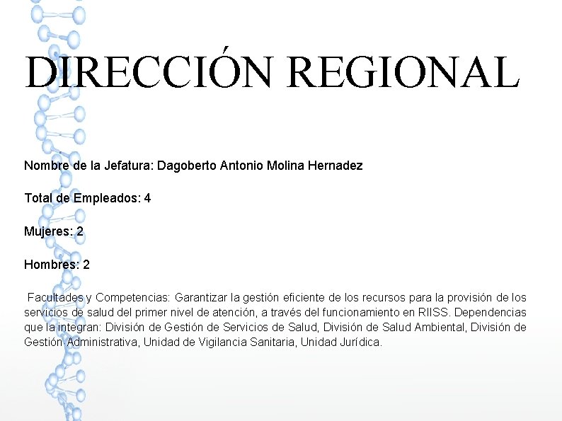DIRECCIÓN REGIONAL Nombre de la Jefatura: Dagoberto Antonio Molina Hernadez Total de Empleados: 4
