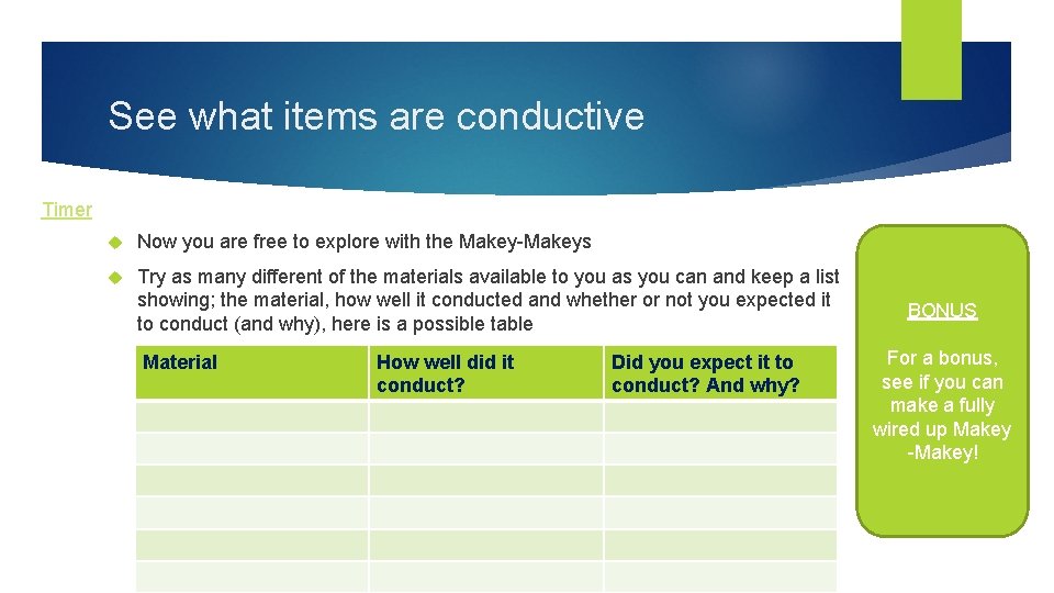 See what items are conductive Timer Now you are free to explore with the