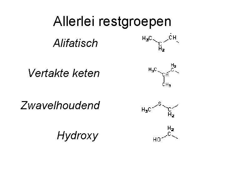 Allerlei restgroepen Alifatisch Vertakte keten Zwavelhoudend Hydroxy 