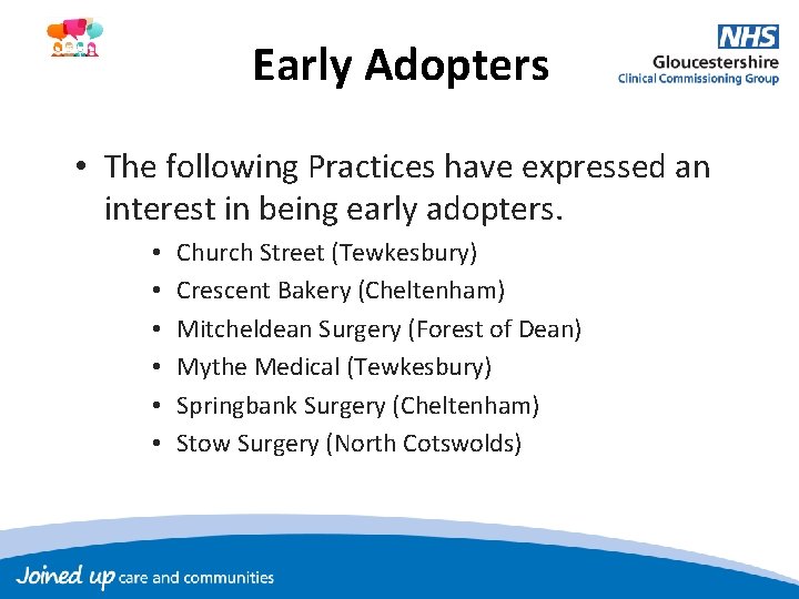 Early Adopters • The following Practices have expressed an interest in being early adopters.