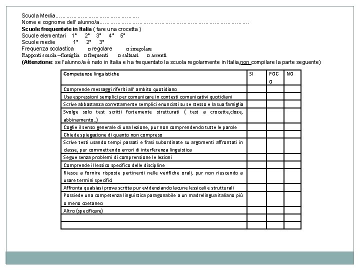 Scuola Media……………………. Nome e cognome dell’ alunno/a……………………………………. Scuole frequentate in Italia ( fare una