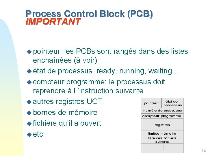 Process Control Block (PCB) IMPORTANT u pointeur: les PCBs sont rangés dans des listes