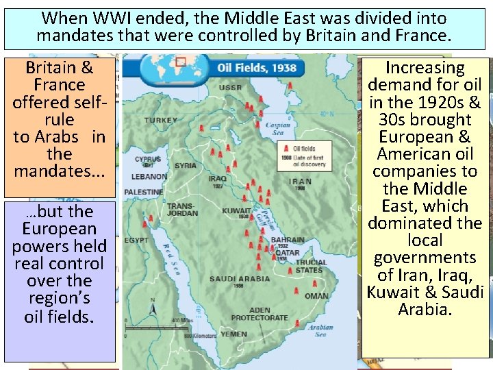 When WWI ended, the Middle East was divided into mandates that were controlled by