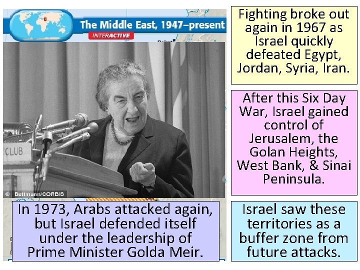 Fighting broke out again in 1967 as Israel quickly defeated Egypt, Jordan, Syria, Iran.