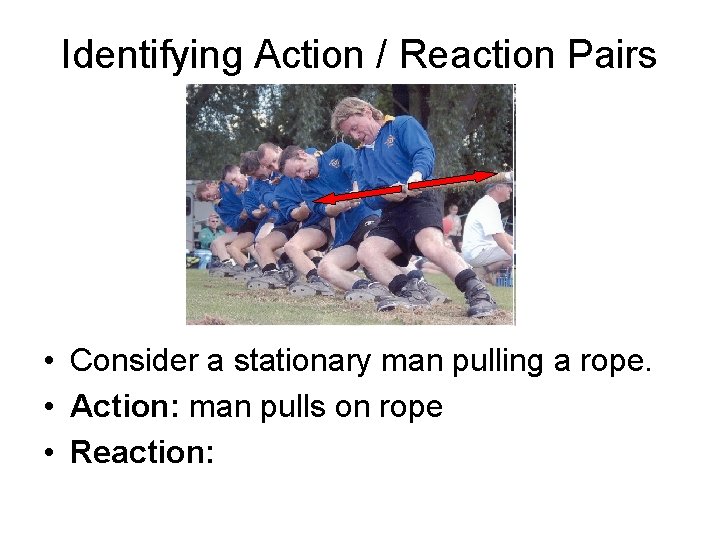 Identifying Action / Reaction Pairs • Consider a stationary man pulling a rope. •