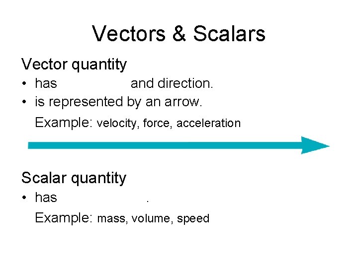 Vectors & Scalars Vector quantity • has and direction. • is represented by an