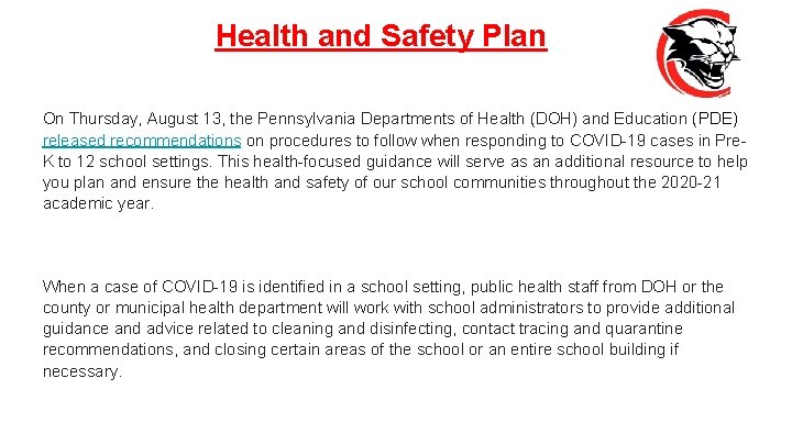 Health and Safety Plan On Thursday, August 13, the Pennsylvania Departments of Health (DOH)