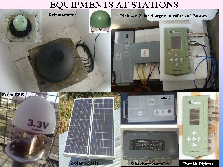 EQUIPMENTS AT STATIONS Seismometer Fixed GPS Digitizer, Solar charge controller and Battery Solar panels