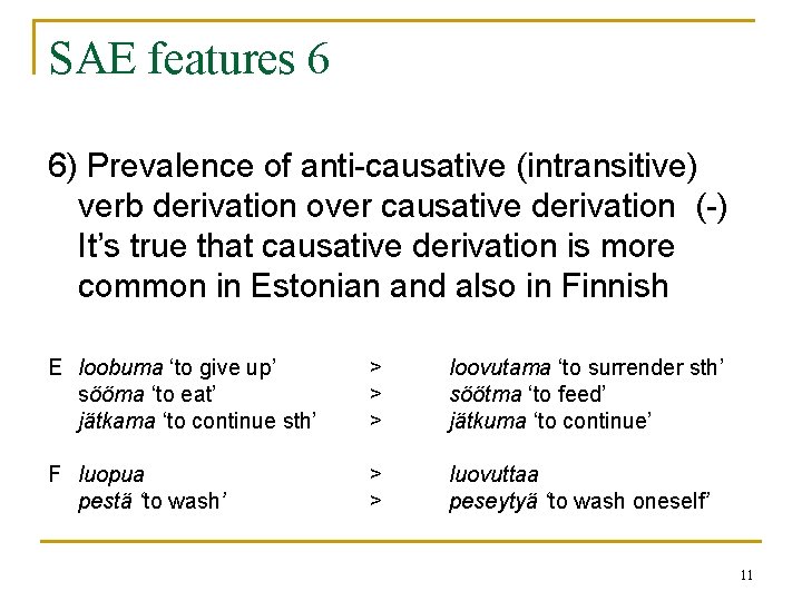 SAE features 6 6) Prevalence of anti-causative (intransitive) verb derivation over causative derivation (-) SAE features 6 6) Prevalence of anti-causative (intransitive) verb derivation over causative derivation (-)