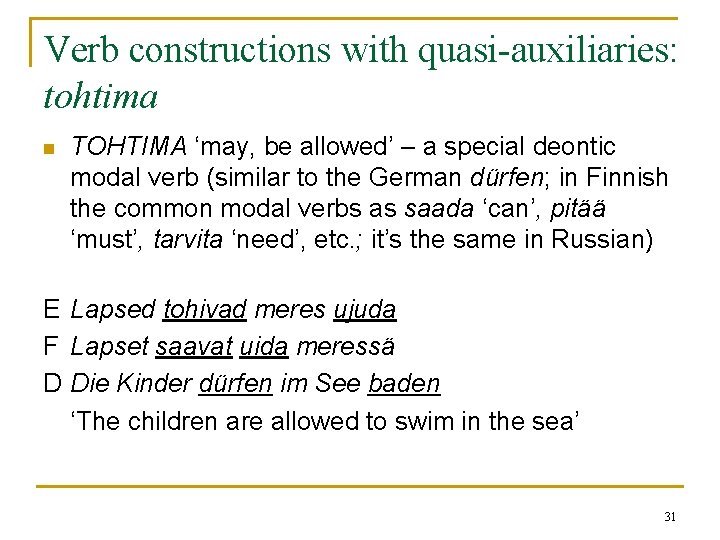 Verb constructions with quasi-auxiliaries: tohtima n TOHTIMA ‘may, be allowed’ – a special deontic Verb constructions with quasi-auxiliaries: tohtima n TOHTIMA ‘may, be allowed’ – a special deontic