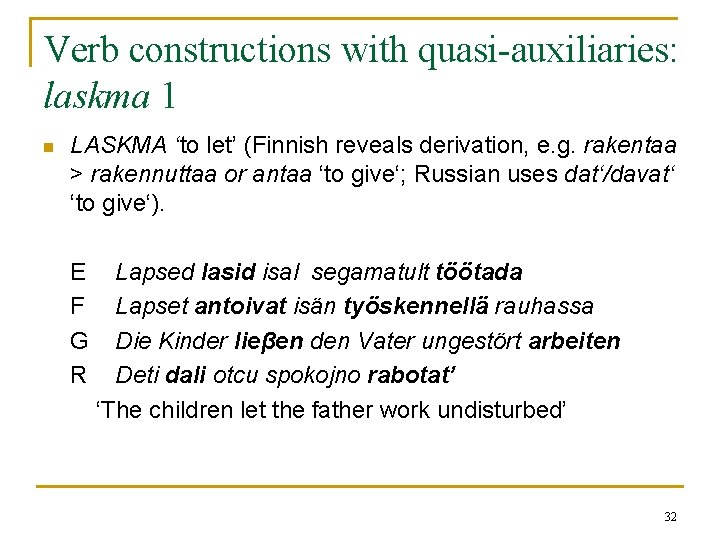 Verb constructions with quasi-auxiliaries: laskma 1 n LASKMA ‘to let’ (Finnish reveals derivation, e. Verb constructions with quasi-auxiliaries: laskma 1 n LASKMA ‘to let’ (Finnish reveals derivation, e.
