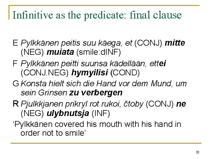 Infinitive as the predicate: final clause E Pylkkänen peitis suu käega, et (CONJ) mitte Infinitive as the predicate: final clause E Pylkkänen peitis suu käega, et (CONJ) mitte