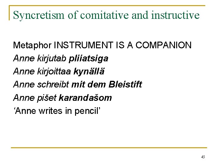 Syncretism of comitative and instructive Metaphor INSTRUMENT IS A COMPANION Anne kirjutab pliiatsiga Anne Syncretism of comitative and instructive Metaphor INSTRUMENT IS A COMPANION Anne kirjutab pliiatsiga Anne