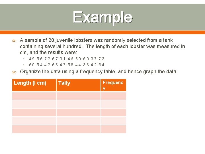 Example A sample of 20 juvenile lobsters was randomly selected from a tank containing