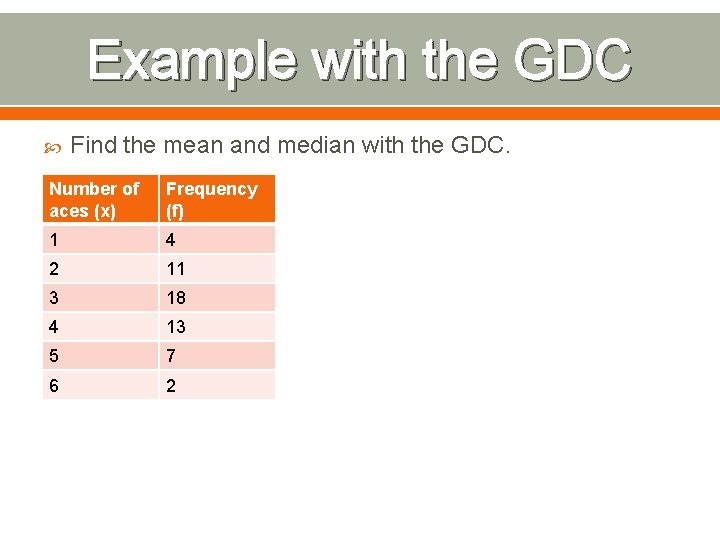 Example with the GDC Find the mean and median with the GDC. Number of