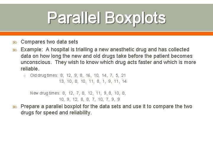 Parallel Boxplots Compares two data sets Example: A hospital is trialling a new anesthetic