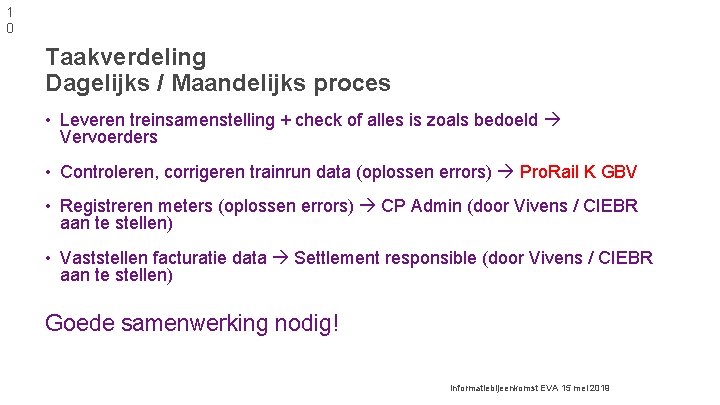 1 0 Taakverdeling Dagelijks / Maandelijks proces • Leveren treinsamenstelling + check of alles