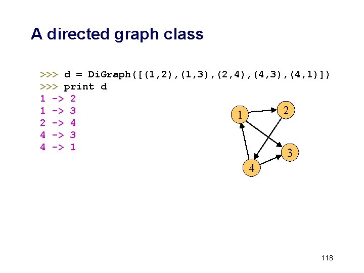 A directed graph class >>> d = Di. Graph([(1, 2), (1, 3), (2, 4),