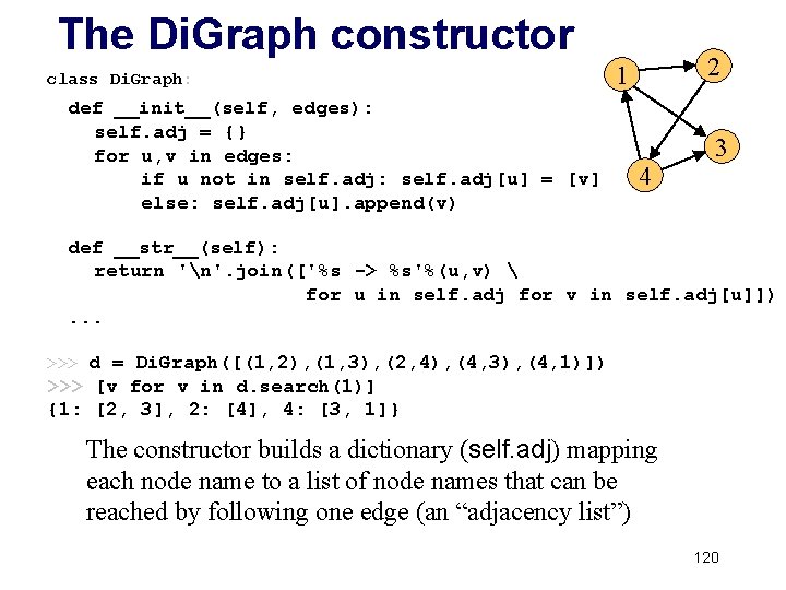 The Di. Graph constructor class Di. Graph: def __init__(self, edges): self. adj = {}