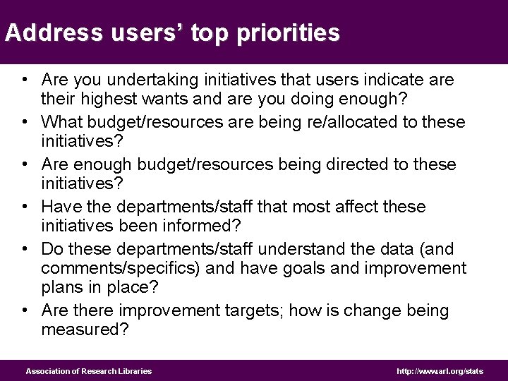 Address users’ top priorities • Are you undertaking initiatives that users indicate are their