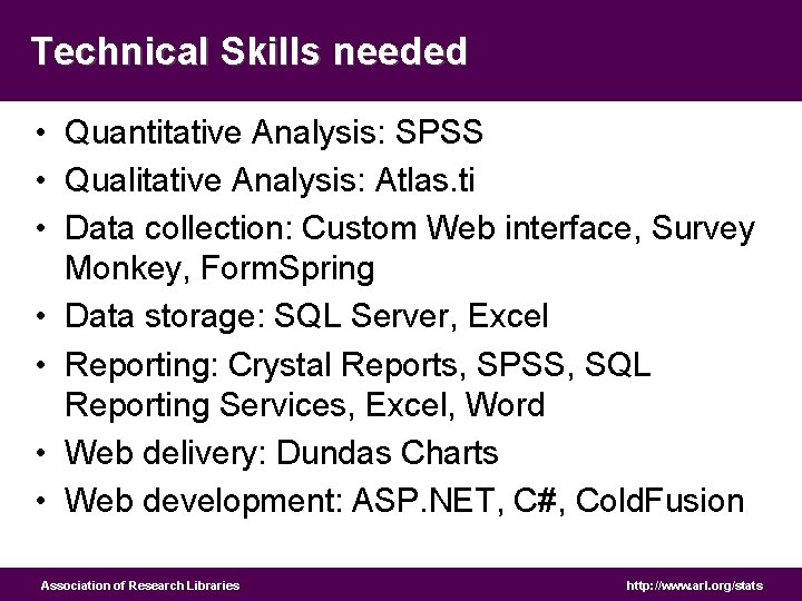 Technical Skills needed • Quantitative Analysis: SPSS • Qualitative Analysis: Atlas. ti • Data