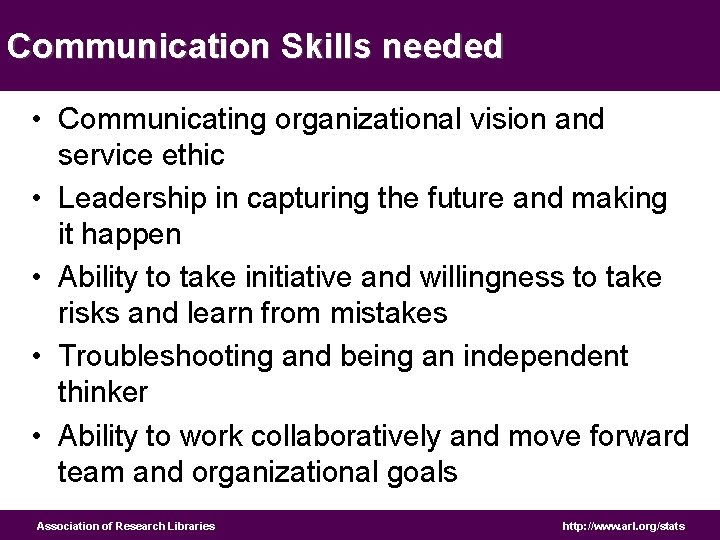 Communication Skills needed • Communicating organizational vision and service ethic • Leadership in capturing