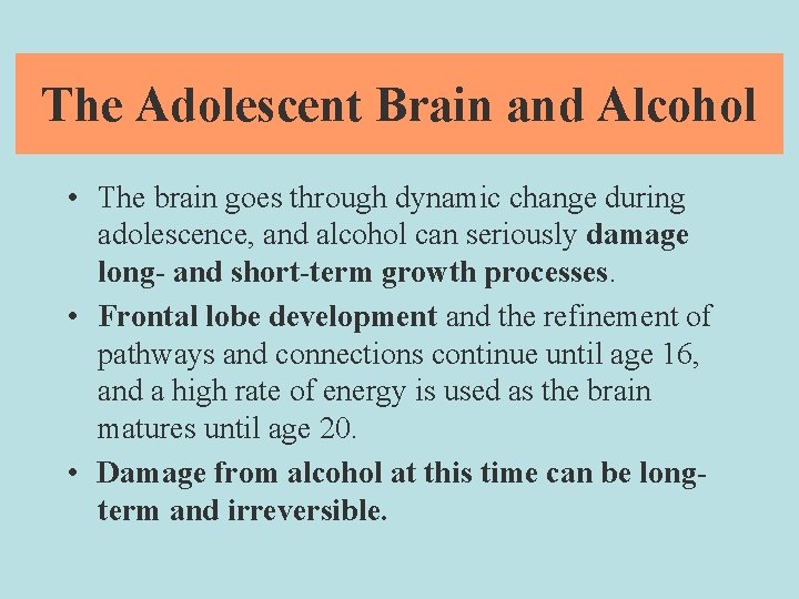 The Adolescent Brain and Alcohol • The brain goes through dynamic change during adolescence,