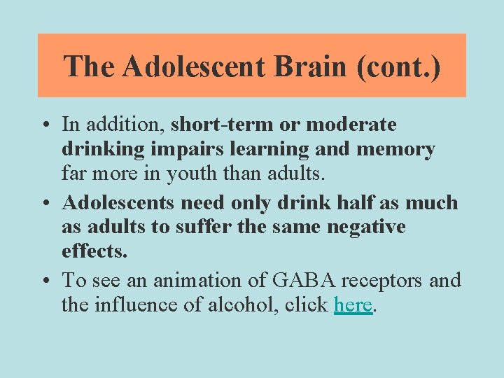 The Adolescent Brain (cont. ) • In addition, short-term or moderate drinking impairs learning