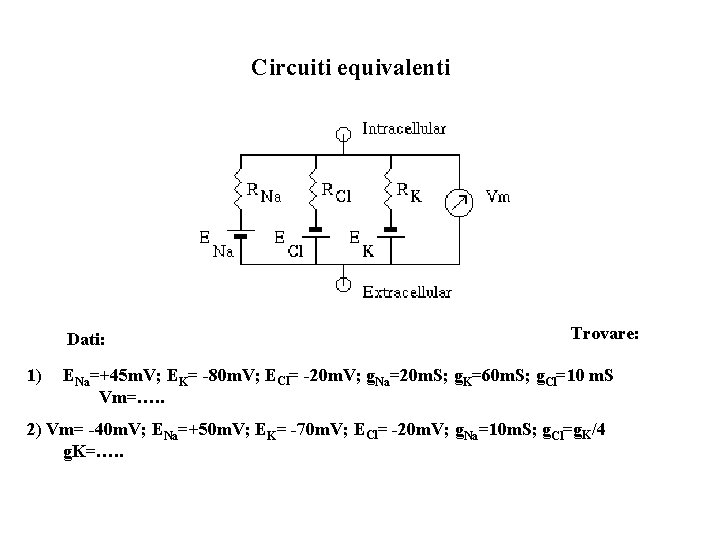 Circuiti equivalenti Dati: 1) Trovare: ENa=+45 m. V; EK= -80 m. V; ECl= -20