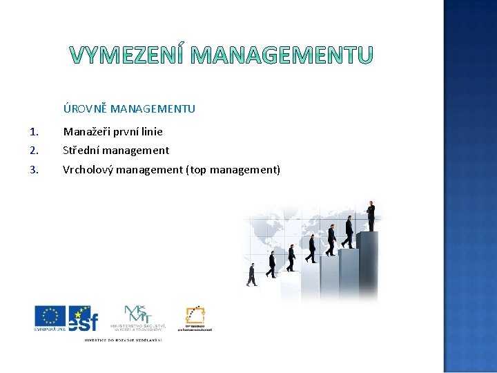 ÚROVNĚ MANAGEMENTU 1. Manažeři první linie 2. Střední management 3. Vrcholový management (top management)