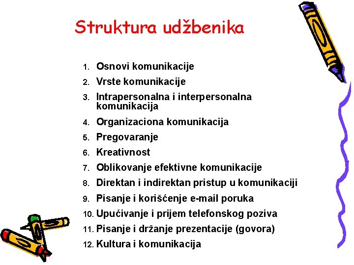 Struktura udžbenika 1. Osnovi komunikacije 2. Vrste komunikacije 3. Intrapersonalna i interpersonalna komunikacija 4.