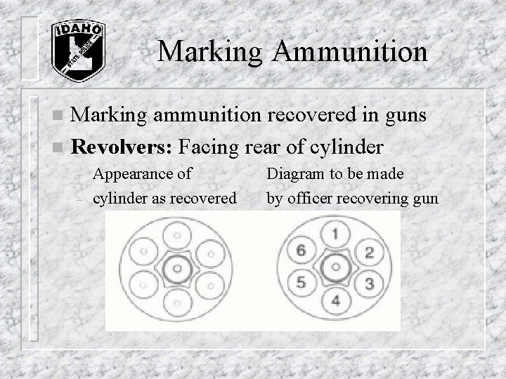 Marking Ammunition Marking ammunition recovered in guns n Revolvers: Facing rear of cylinder n Marking Ammunition Marking ammunition recovered in guns n Revolvers: Facing rear of cylinder n