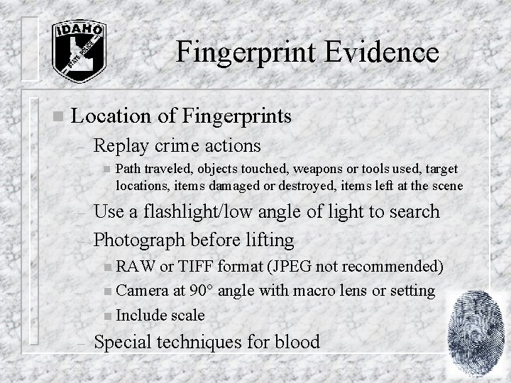 Fingerprint Evidence n Location of Fingerprints – Replay crime actions n – – Path Fingerprint Evidence n Location of Fingerprints – Replay crime actions n – – Path